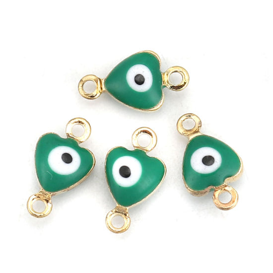 Picture of Brass Connectors Heart Gold Plated Green Evil Eye Enamel 10mm( 3/8") x 6mm( 2/8"), 10 PCs                                                                                                                                                                     