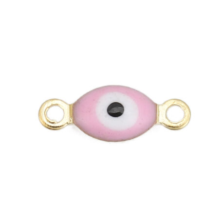 Picture of Brass Connectors Marquise Gold Plated Light Pink Evil Eye Enamel 11mm( 3/8") x 4mm( 1/8"), 10 PCs