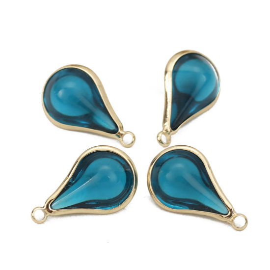 Picture of Brass & Glass Charms Drop Gold Plated Peacock Blue 18mm x10mm( 6/8" x 3/8") - 17mm x10mm( 5/8" x 3/8"), 5 PCs                                                                                                                                                 