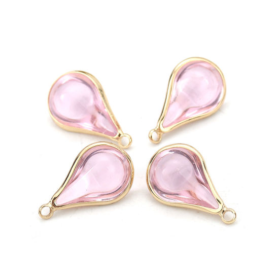 Picture of Brass & Glass Charms Drop Gold Plated Light Pink 18mm x10mm( 6/8" x 3/8") - 17mm x10mm( 5/8" x 3/8"), 5 PCs                                                                                                                                                   