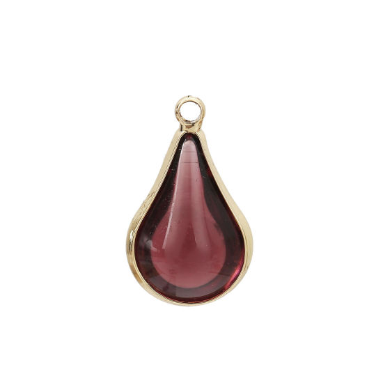 Picture of Brass & Glass Charms Drop Gold Plated Wine Red 18mm x10mm( 6/8" x 3/8") - 17mm x10mm( 5/8" x 3/8"), 5 PCs                                                                                                                                                     