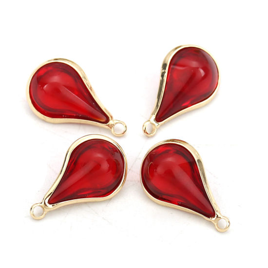 Picture of Brass & Glass Charms Drop Gold Plated Red 18mm x10mm( 6/8" x 3/8") - 17mm x10mm( 5/8" x 3/8"), 5 PCs                                                                                                                                                          