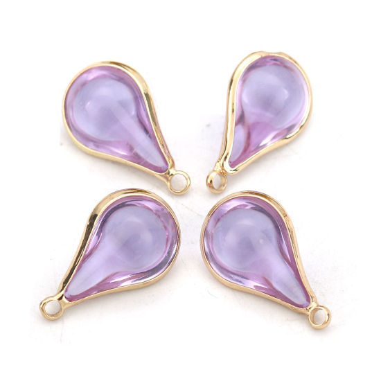 Picture of Brass & Glass Charms Drop Gold Plated Blue Violet 18mm x10mm( 6/8" x 3/8") - 17mm x10mm( 5/8" x 3/8"), 5 PCs                                                                                                                                                  