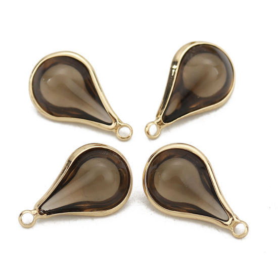 Picture of Brass & Glass Charms Drop Gold Plated Flaxen 18mm x10mm( 6/8" x 3/8") - 17mm x10mm( 5/8" x 3/8"), 5 PCs                                                                                                                                                       