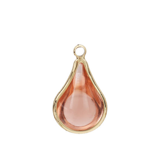 Picture of Brass & Glass Charms Drop Gold Plated Peach Pink 18mm x10mm( 6/8" x 3/8") - 17mm x10mm( 5/8" x 3/8"), 5 PCs                                                                                                                                                   