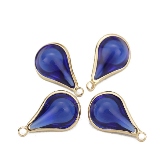 Picture of Brass & Glass Charms Drop Gold Plated Royal Blue 18mm x10mm( 6/8" x 3/8") - 17mm x10mm( 5/8" x 3/8"), 5 PCs                                                                                                                                                   