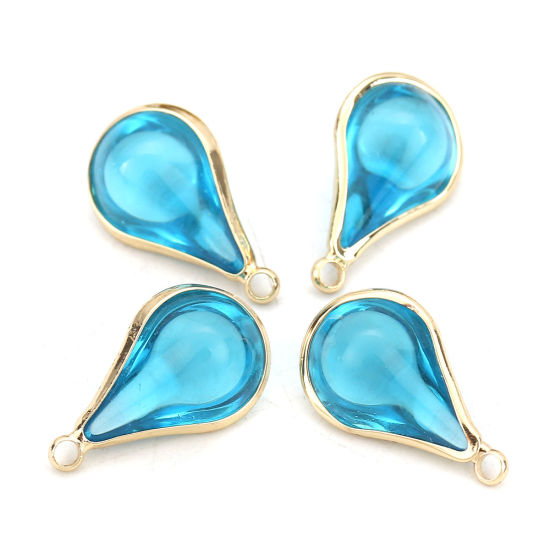 Picture of Brass & Glass Charms Drop Gold Plated Blue 18mm x10mm( 6/8" x 3/8") - 17mm x10mm( 5/8" x 3/8"), 5 PCs                                                                                                                                                         