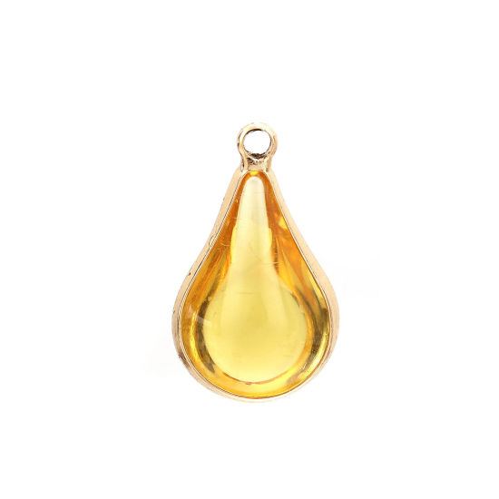 Picture of Brass & Glass Charms Drop Gold Plated Yellow 18mm x10mm( 6/8" x 3/8") - 17mm x10mm( 5/8" x 3/8"), 5 PCs                                                                                                                                                       