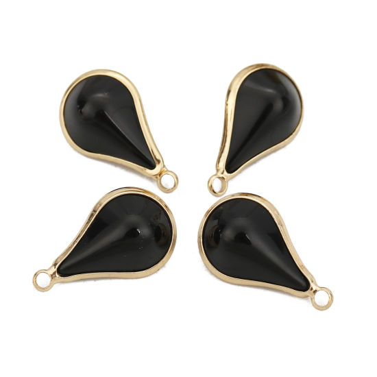 Picture of Brass & Glass Charms Drop Gold Plated Black 18mm x10mm( 6/8" x 3/8") - 17mm x10mm( 5/8" x 3/8"), 5 PCs                                                                                                                                                        