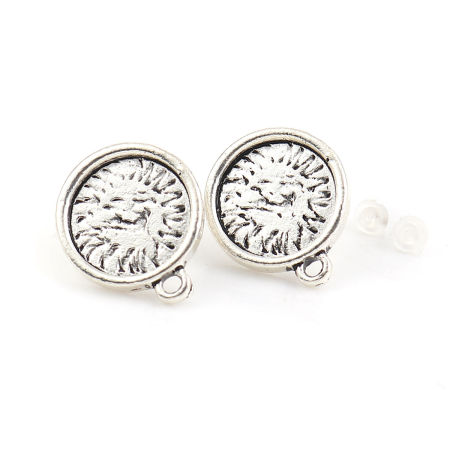 Zinc Based Alloy Ear Post Stud Earrings Findings Round Antique Silver Color W/ Loop Cabochon Settings (Fit 14mm Dia.) 21mm( 7/8") x 17mm( 5/8"), Post/ Wire Size: (21 gauge), 30 PCs