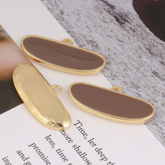 Imagen de Zamak Colgantes Charms Óvalo Chapado en Oro Café Esmalte Completo 27mm x 12mm, 10 Unidades