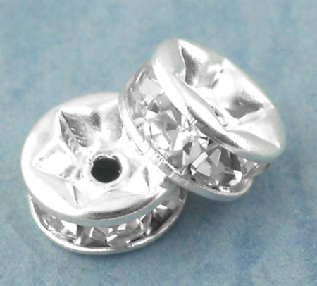 Picture of Brass Rondelle Spacer Beads Round Silver Plated Clear Rhinestone About 6mm( 2/8") Dia, Hole:Approx 1.5mm, 30 PCs