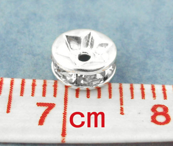 Image de Perle Rondelle Strass en Laiton Rond Argenté à Strass Transparent 6mm Dia, Taille de Trou: 1.5mm, 30 PCs                                                                                                                                                      