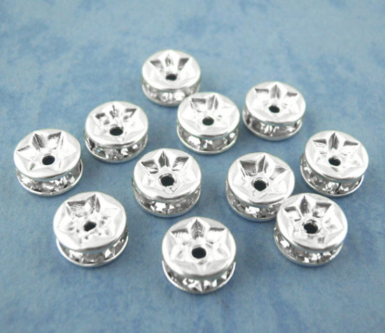 Image de Perle Rondelle Strass en Laiton Rond Argenté à Strass Transparent 6mm Dia, Taille de Trou: 1.5mm, 30 PCs                                                                                                                                                      