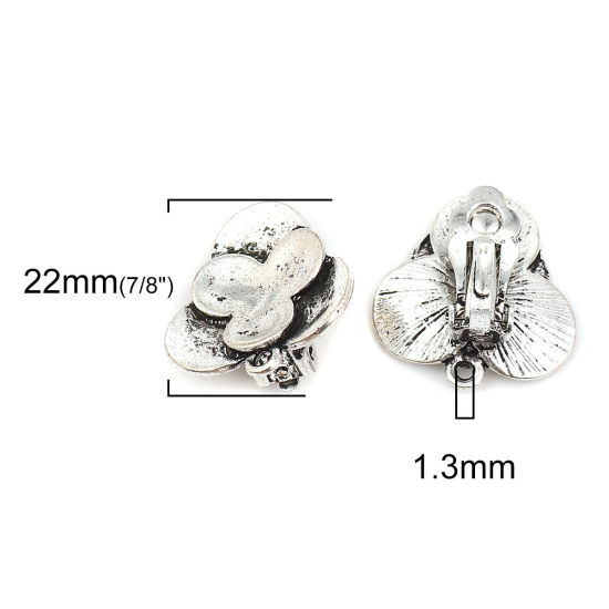 Picture of Zinc Based Alloy Ear Clips Earrings Findings Flower Antique Silver Color W/ Loop 22mm x 20mm, 4 PCs