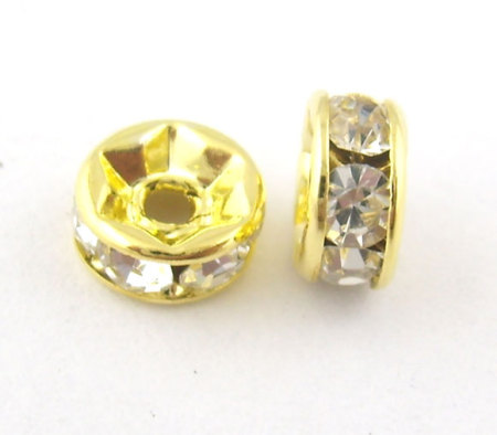 Bild von Messing Rondelle Spacer Perlen Zwischenperlen Rund Vergoldet Weiß Strass ca. 6mm D., Loch:ca. 1.5mm, 30 Stück
