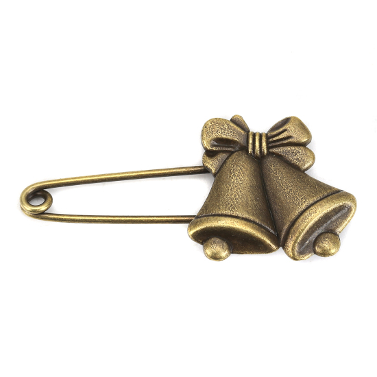 Picture of Zinc Based Alloy Pin Brooches Findings Christmas Jingle Bell Antique Bronze 60mm(2 3/8") x 28mm(1 1/8"), 5 PCs