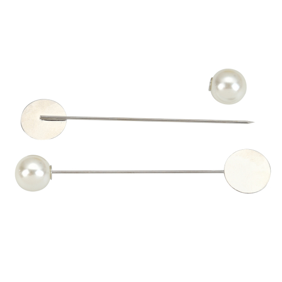 Picture of Zinc Based Alloy Cabochon Settings Pin Brooches Findings Silver Tone Acrylic Imitation Pearl (Fits 12mm Dia.) 79mm(3 1/8") x 12mm( 4/8"), 5 PCs