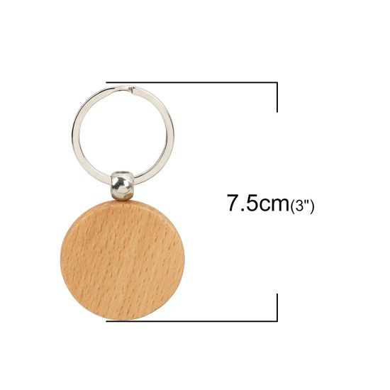 Picture of Wood Keychain & Keyring Silver Tone Natural Round 75mm x 40mm, 2 PCs