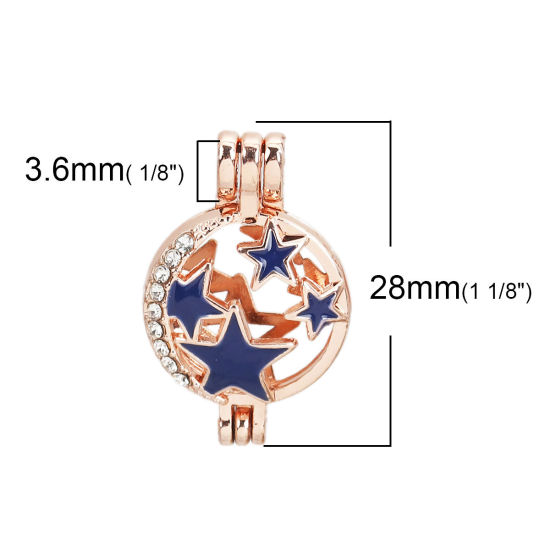 Image de Breloques Médaillon Porte Perle de Vœux en Alliage de Zinc Rond Etoile Or Rose Bleu Email à Strass Transparent Pouvoir Ouvrir (Apparié à Perle: 6mm) 28mm x 18mm, 2 Pcs