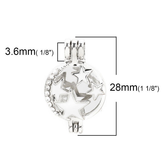 Picture of Zinc Based Alloy Wish Pearl Locket Jewelry Charms Round Star Silver Tone White Enamel Clear Rhinestone Can Open (Fit Bead Size: 6mm) 28mm(1 1/8") x 18mm( 6/8"), 2 PCs