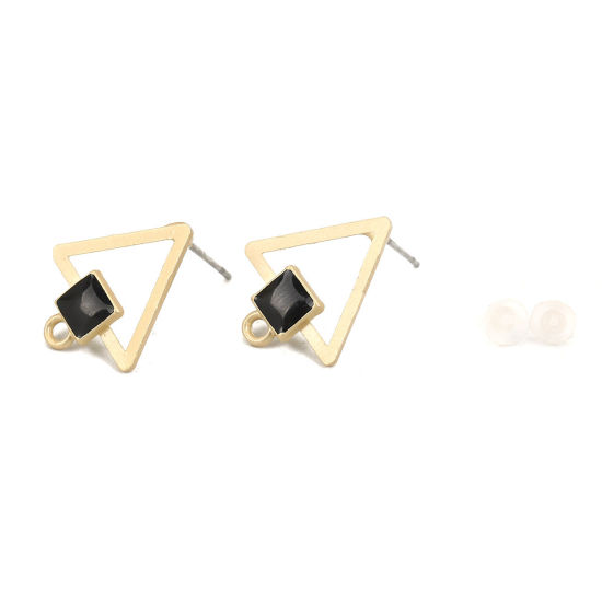 Picture of Zinc Based Alloy Ear Post Stud Earrings Findings Triangle Matt Gold Black Enamel Square W/ Loop 18mm x 15mm, Post/ Wire Size: (21 gauge), 10 PCs