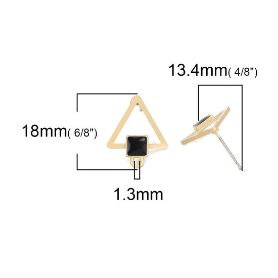 Immagine di Lega di Zinco Orecchini a Perno Tappi di Orecchini Triangolo Oro Opaco Nero Quadrato Disegno W/ Loop 18mm x 15mm, Diametro Filo: (21 misura), 10 Pz