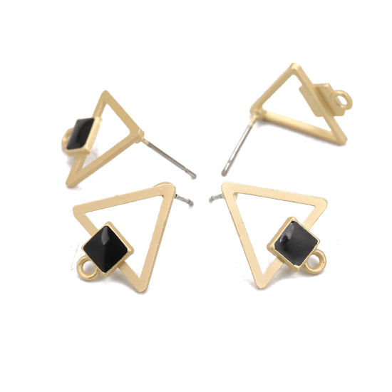 Immagine di Lega di Zinco Orecchini a Perno Tappi di Orecchini Triangolo Oro Opaco Nero Quadrato Disegno W/ Loop 18mm x 15mm, Diametro Filo: (21 misura), 10 Pz
