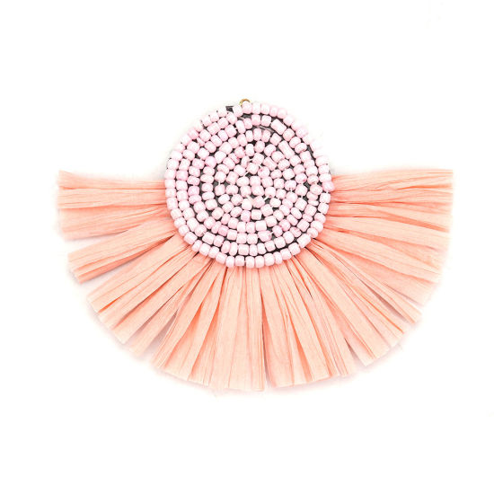 Picture of Glass Seed Beads & Raffia Paper Tassel Pendants Half Round Peach Pink 80mm(3 1/8") x 60mm(2 3/8"), 3 PCs
