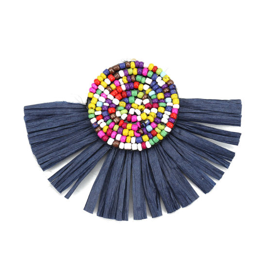 Picture of Glass Seed Beads & Raffia Paper Tassel Pendants Half Round Deep Blue 80mm(3 1/8") x 60mm(2 3/8"), 3 PCs