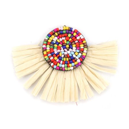 Image de Pendentifs Franges en Papier Raphia & Perles de Rocailles Verre Demi-Rond Beige 80mm x 60mm, 3 Pcs