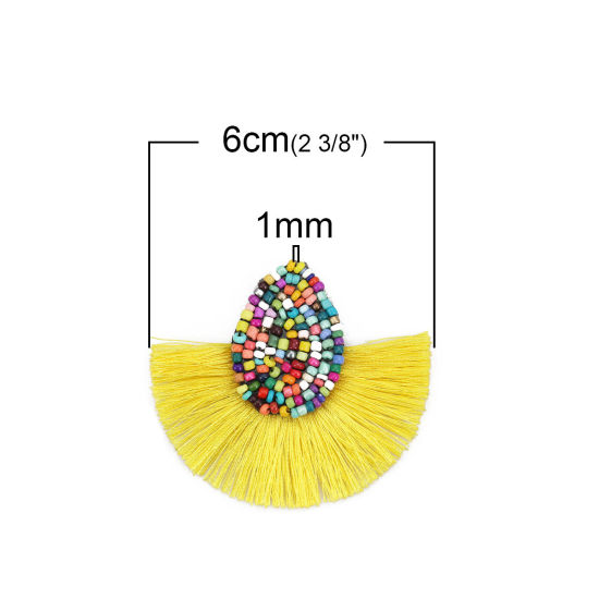 Picture of Glass Seed Beads & Polyester Tassel Pendants Drop Yellow 60mm(2 3/8") x 52mm(2"), 3 PCs