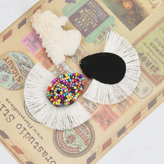 Picture of Glass Seed Beads & Polyester Tassel Pendants Drop Gray 60mm(2 3/8") x 52mm(2"), 3 PCs
