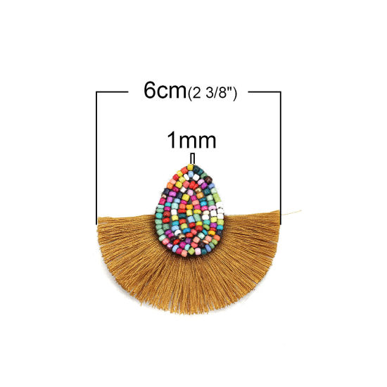 Picture of Glass Seed Beads & Polyester Tassel Pendants Drop Khaki 60mm(2 3/8") x 52mm(2"), 3 PCs