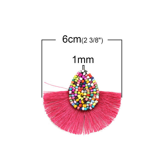Picture of Glass Seed Beads & Polyester Tassel Pendants Drop Fuchsia 60mm(2 3/8") x 52mm(2"), 3 PCs