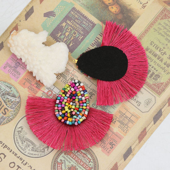 Picture of Glass Seed Beads & Polyester Tassel Pendants Drop Fuchsia 60mm(2 3/8") x 52mm(2"), 3 PCs
