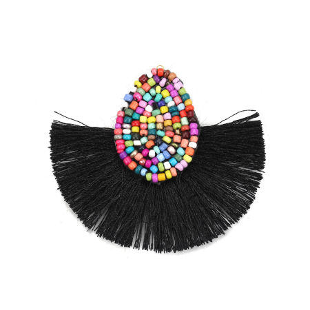 Image de Pendentifs Franges en Perles de Rocailles Verre & Polyester Goutte d'Eau Noir 60mm x 52mm, 3 Pcs