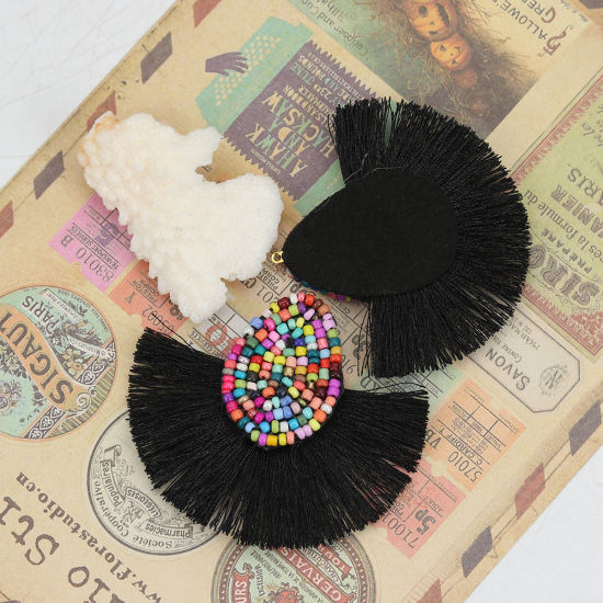 Picture of Glass Seed Beads & Polyester Tassel Pendants Drop Black 60mm(2 3/8") x 52mm(2"), 3 PCs