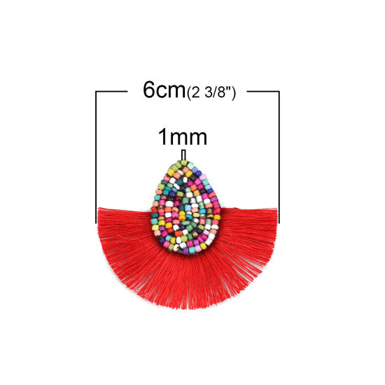 Picture of Glass Seed Beads & Polyester Tassel Pendants Drop Red 60mm(2 3/8") x 52mm(2"), 3 PCs