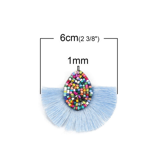 Picture of Glass Seed Beads & Polyester Tassel Pendants Drop Light Blue 60mm(2 3/8") x 52mm(2"), 3 PCs