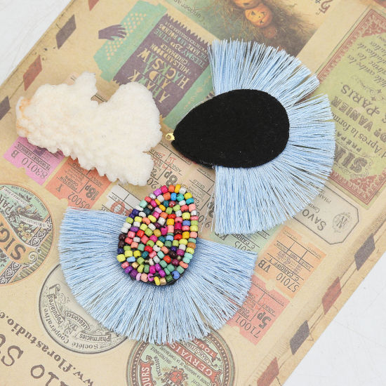 Picture of Glass Seed Beads & Polyester Tassel Pendants Drop Light Blue 60mm(2 3/8") x 52mm(2"), 3 PCs