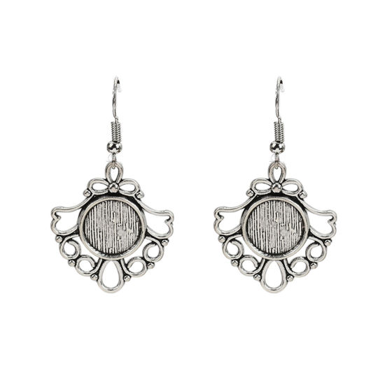 Picture of Zinc Based Alloy Cabochon Settings Earrings Findings Fan-shaped Antique Silver Color (Fit 12mm Dia.) 46mm(1 6/8") x 26mm(1"), Post/ Wire Size: (21 gauge), 10 PCs
