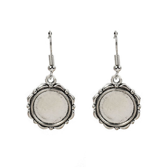 Picture of Zinc Based Alloy Cabochon Settings Earrings Findings Round Antique Silver Color (Fit 14mm Dia.) 40mm(1 5/8") x 20mm( 6/8"), Post/ Wire Size: (21 gauge), 10 PCs