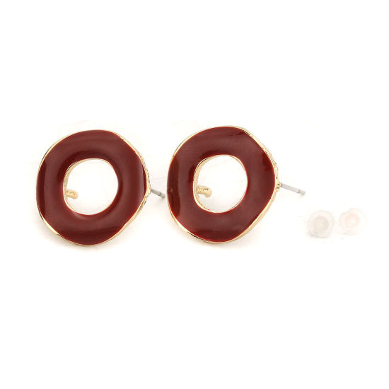Picture of Zinc Based Alloy Enamel Ear Post Stud Earrings Findings Round Gold Plated Wine Red W/ Open Loop 19mm Dia., Post/ Wire Size: (21 gauge), 10 PCs