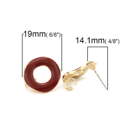 Imagen de Zamak Esmalte Pendientes Ronda Chapado en Oro Color de Vino Tinto W/ Open Loop 19mm Dia, Post/ Wire: (21 gauge), 10 Unidades