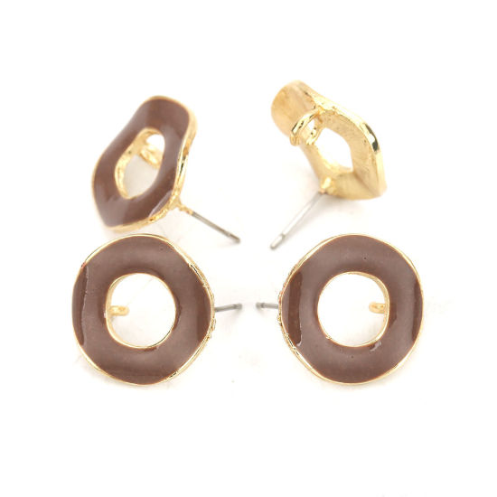 Imagen de Zamak Esmalte Pendientes Ronda Chapado en Oro Café W/ Open Loop 19mm Dia, Post/ Wire: (21 gauge), 10 Unidades