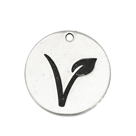Picture of Zinc Based Alloy Vegetarian Symbol Charms Round Antique Silver Color 25mm(1") Dia, 10 PCs