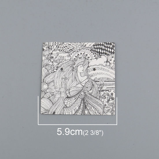 Picture of Paper Jewelry Display Card Square Black Princess Pattern 59mm(2 3/8") x 59mm(2 3/8"), 50 Sheets