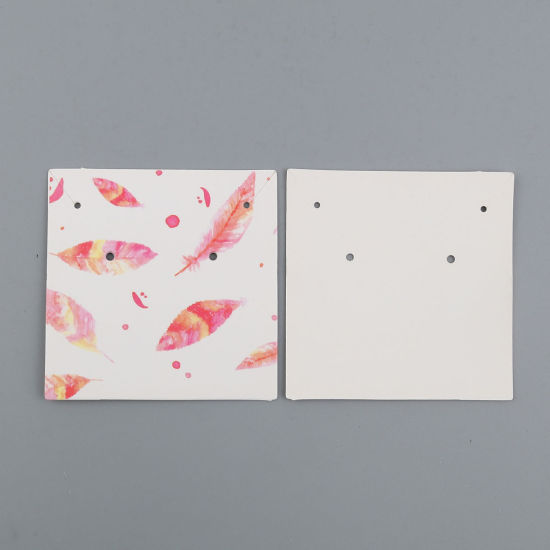 Picture of Paper Jewelry Display Card Square Pink Feather Pattern 59mm(2 3/8") x 59mm(2 3/8"), 50 Sheets