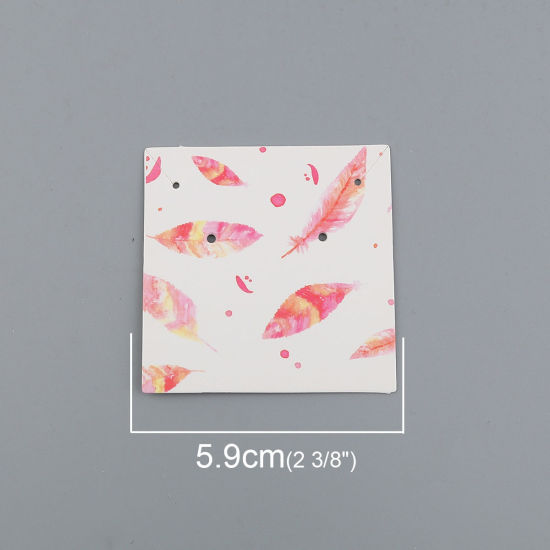 Picture of Paper Jewelry Display Card Square Pink Feather Pattern 59mm(2 3/8") x 59mm(2 3/8"), 50 Sheets